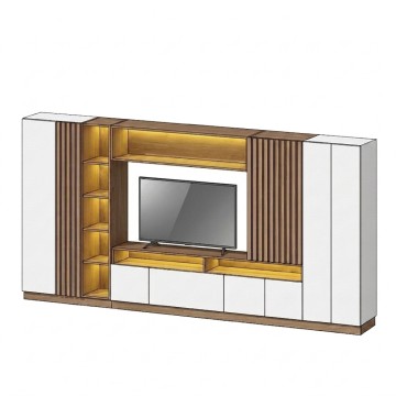 Bibliotecă modulară living modern cu LED și panouri riflaj