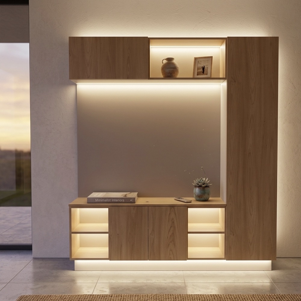 Corp TV integrat în mobilier sufragerie modern cu iluminare LED